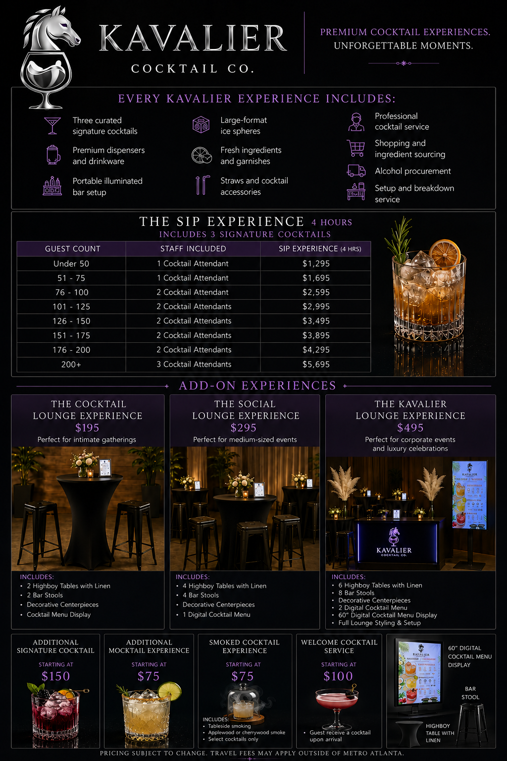 Kavalier Cocktail Co. pricing guide — S.I.P. Experience packages, lounge add-ons, and service enhancements